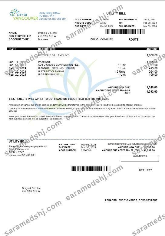 Canada British Columbia City of Vancouver business utility bill